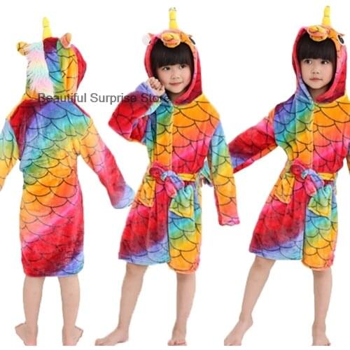Winter Kigurumi Unicorn Cartoon Hooded Children Bathrobes Kids Bath Robe Animal for Boys Girls Pyjamas Nightgown Kids Sleepwear