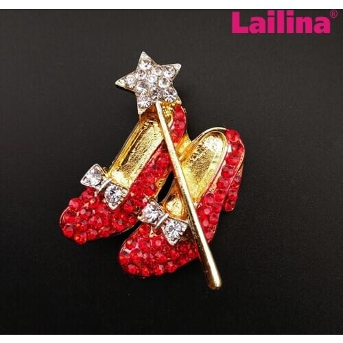 50pcs/Lot Fashion Glamour Wizard of Oz Style Star Staff Red High Heels Rhinestone Brooch For Party Gift