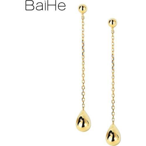 BAIHE Solid 18K Yellow Gold Water Drop Eardrop Earrings Plain Gold Trendy Women Ear Thread Earrings Wedding Fine Jewelry Cерьги