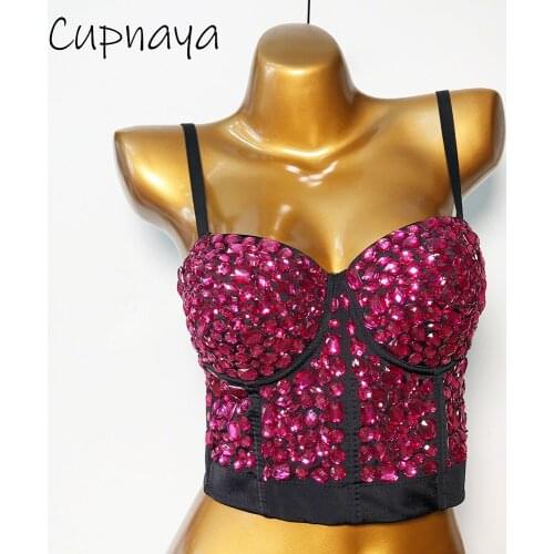 Cupnaya Colorful Crystal Women Sexy Spandex Stretch Crop Top Push Up Bustier Inside Camisole Corset Bralette Sparkly Clubwear