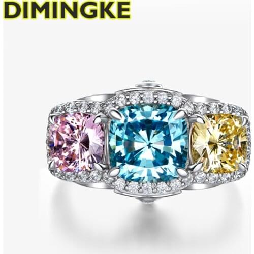 DIMINGKE New Aquamarine Yellow Pink Diamond Color Matching Woman Ring 100% S925 Silver Sparkling High Jewelry Cocktail Party