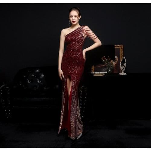 Heavy Craft Dazzling Pearl Piece Party Evening Dress High Slit Sexy Long Style Mermaid One Shoulder Sequined Formal Part Dress