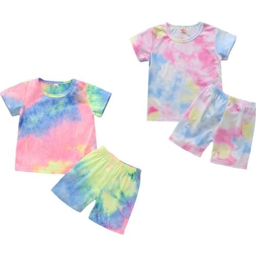 FOCUSNORM Summer Toddler Girls Boys Pajama Sets Tie-Dye Printed Short Sleeve T Shirts Tops Shorts 1-7Y