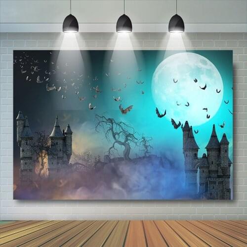 Halloween Backdrop Party Decor Magic Black Cat Bats Castle Full Moon Night Castle Photography Background Kids Photo Studio Prop