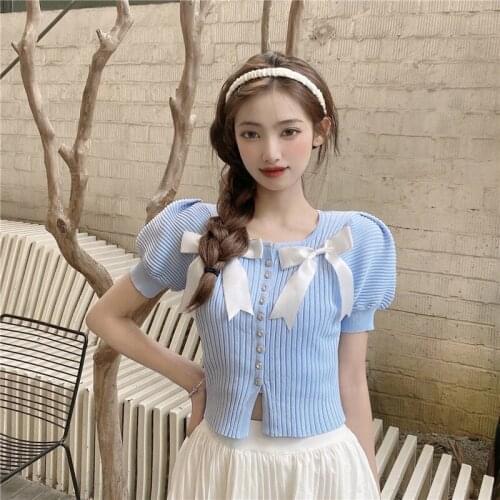 Bowknot Cardigan Square Neck Short Sleeve Sweater Womens Summer New Korean Slim Slim Short Top