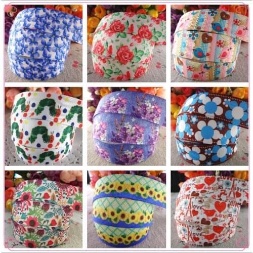 18092711, 7/8" 22mm 50 yards flowers printed grosgrain ribbons DIY hair bows handmade materials