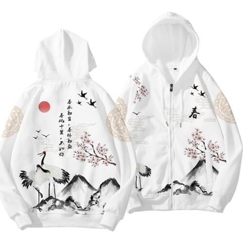 2020 Autumn Zipper Long Sleeve Casual Chinese Style Crane Print Clothing New Mens Hoodies Male Sweatshirt Oversize 6XL