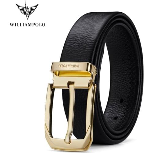 WILLIAMPOLO Belt Men Casual Business Fashion Belt Full-Grain Leather Belt Golden Belt Mens belt Pin Buckle Waist Belt For Men