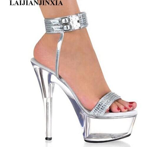 New Summer high heels with silver leggings with transparent soles, and 15cm pole dancing sandals with 6-inch dancing shoes