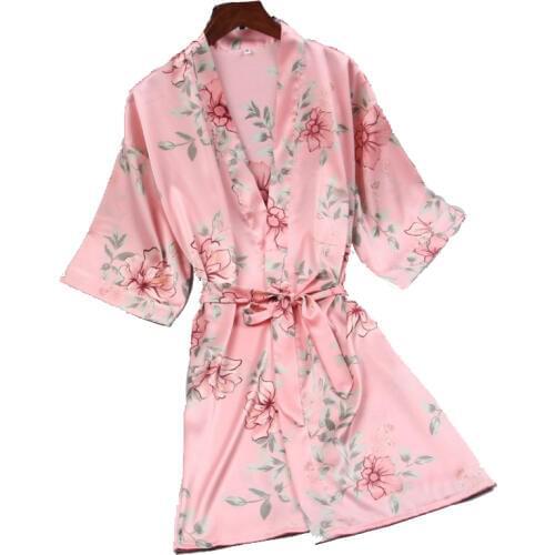 Sexy Mini Pink Chinese Traditional Women Silk Robe Novelty Kimono Yukata Pajamas Printed Flower Nightgown Size M L XL D129-02