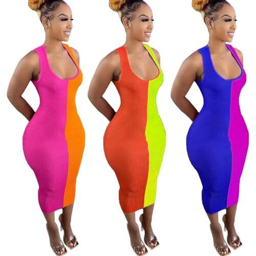 Dress Women Sleeveless Patchwork Color Midi Dresses Summer Streetwear Sexy Ladies Slim Beach Tank Bodycon Dresses Vestido