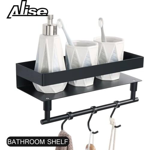 Bathroom Shower Shelf Wall Mounted with Towel Rails 3Hooks,304 Stainless Steel Shower Caddy Floating Shelf in Matte Black 30CM