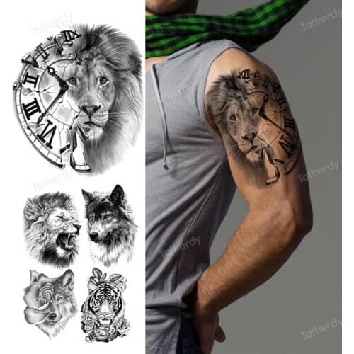 Fake tattoo animals lion king compass tiger wolf forest waterproof temporary tattoos men arm shoulder tattoo sticker black sexy