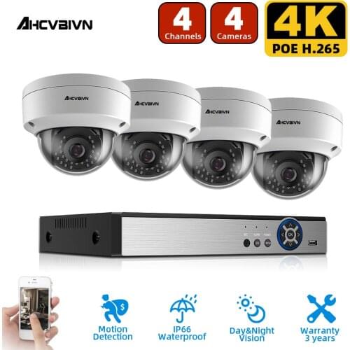 4K 8MP Ultra HD Security Camera System 4ch PoE NVR & Dome 4 PoE IP Waterproof Face Detection Cameras Surveillance NVR Kit