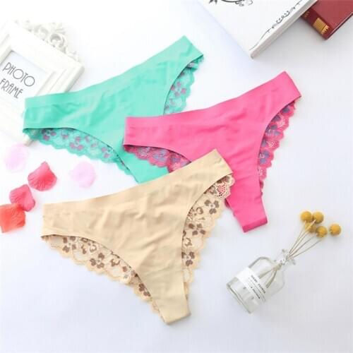 One Piece Ice Silk Womens Panties Luxury Lace Cotton Crotch Sexy G String Thong Printed Underwear 1/2/3pcs