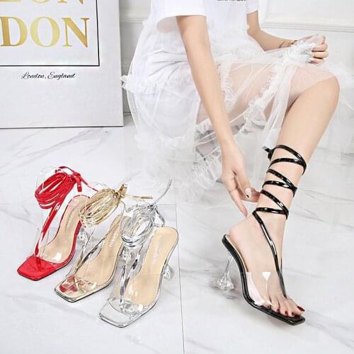 2021 Summer New Sexy Stiletto Transparent High Heels Fashion Wild Gladiator Square Head Strappy Sandals Large Size Shoes