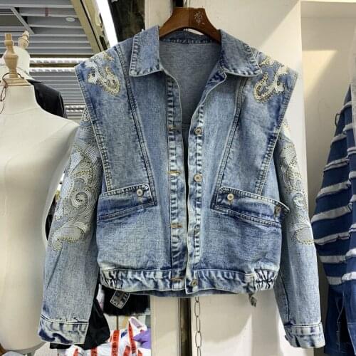 Women Long Sleeve Blue Denim Jacket 2021 Spring Autumn New Rhinestone Splice Embroidery Single-Breasted Short Outerwear Jaquetas