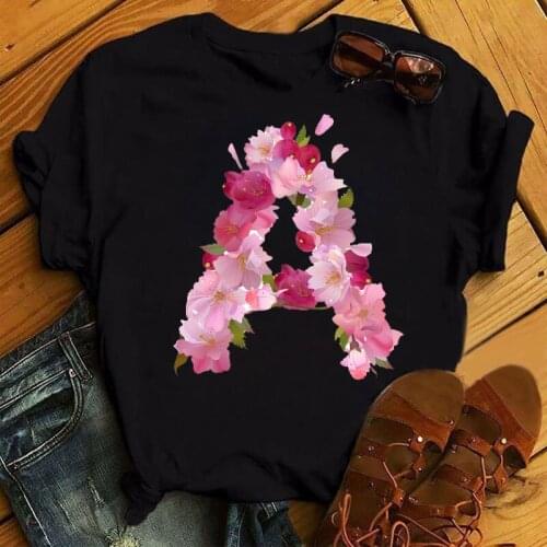 Women T Shirt Spring Alphabet with Pink Flowers A B C D Print T Shirt Customize Name T Shirt Short Sleeve Female Ladies Tee Tops