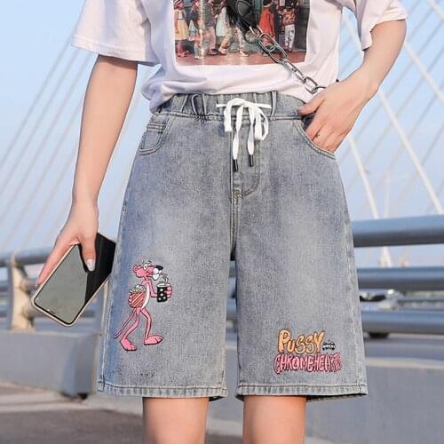 S-5XL Denim Shorts Women 2021 Summer Cute Cartoon Embroidery Drawstring Jeans Shorts Female Elastic High Waist Shorts 6853