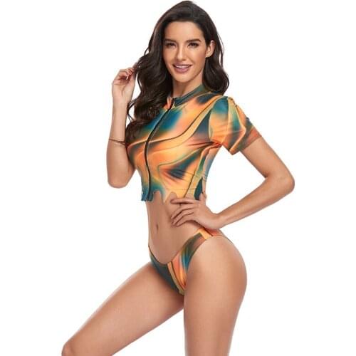 Two-Piece Suits womens swimwear mid-waist swimsuit round neck zipper short-sleeved geometric pattern women swimsuit Push Up