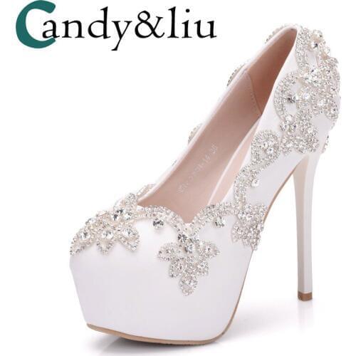 Crystal white wedding shoes large size super high heel slip-on women pumps with platform for party banquet evening dress