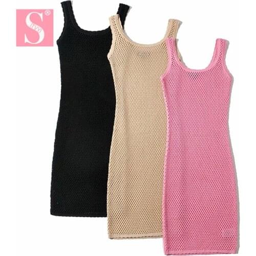 STVY Womens Fashion Elegant Hollow Out Pink Lace Dress 2020 Summer Ladies Sleeveless Sexy Bodycon Dresses