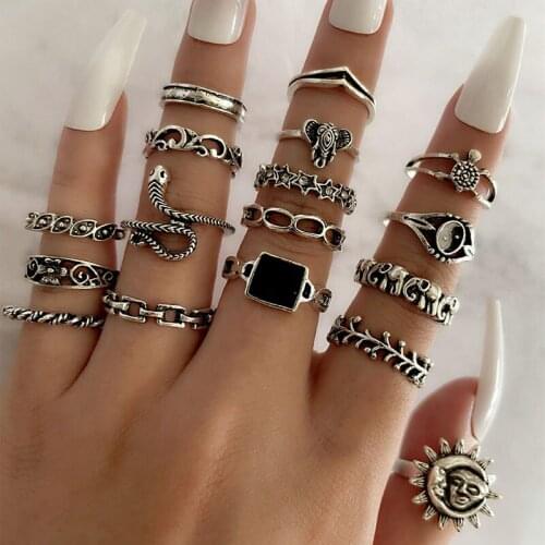 17 Pcs/Set Fashion Rings Set Retro Elephant Snake Turtle Crystal Star Flower Silver Color Joint Ring Ladies Jewelry Lover Gift