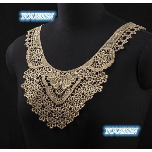 2Pc High Quality Motif Applique Gold Neck Neckline Collar Flower Venise Lace Trims Craft 24X 31cm