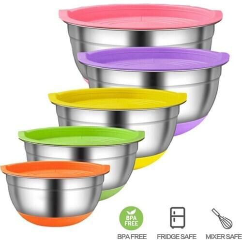 5Pcs/Set Stainless Steel Mixing Bowls With Lids Kitchen Food Storage Egg Beater Salad Bowl With Non-slip Colorful Bottom