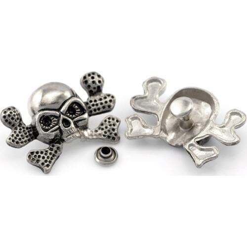 50Sets Punk Skull Crossbone Sketon Studs Spots Spike Rivets Garment Silver Tone 3.4x2.4cm 7x3.5mm
