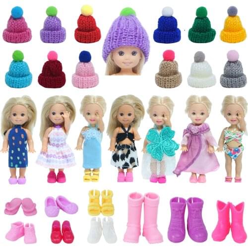 Random 13 Pcs Doll Accessories 5 Outfit Dresses Shorts + 5 Shoes + 3 knitted Hats Mini Clothes for Barbie Doll Sister Kelly Doll