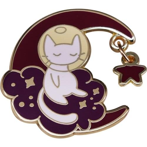 White Cat Astronaut In Space with The Moon and Star Kawaii Space Cats Cosmos Kitty Metal Enamel Lapel Clothes Badge Brooch Pin