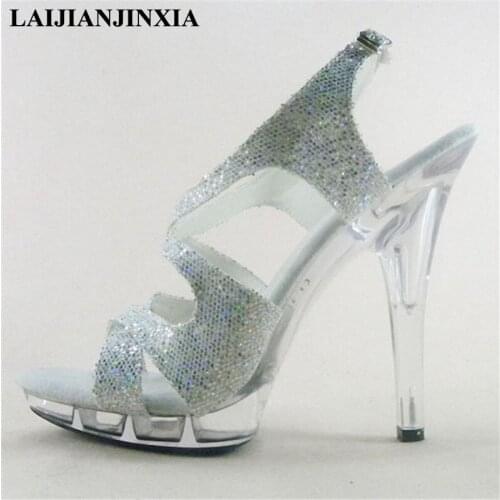 Nightclub shoes woman 2016 summer Crystal platform 13cm thin heels Glitter Sandals Free shipping Plus:35-45 46 pumps