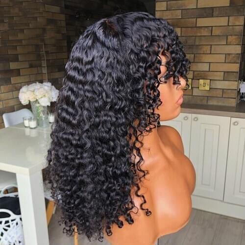 Brazilian Kinky Curly Human Hair Wigs With Bangs Full Machine Made Wigs For Women Natural Color Remy Pixie Cut Short Bob Wig