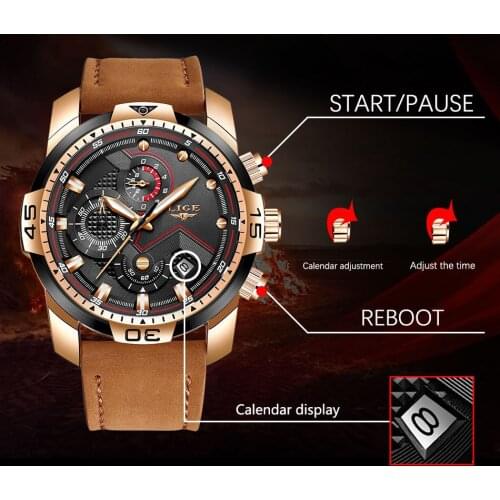 LIGE 9923 High Quality Leather Men Business Dress Watch Luxury Multifunction Quartz Sports Waterproof Male Wristwatches