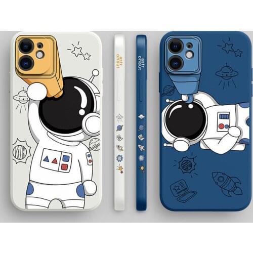 Cartoon Space Astronaut Telescope Phone Case For iPhone 12 11 Pro MAX Mini XS X XR 7 8 Plus SE 2020 Square Liquid Silicone Cover