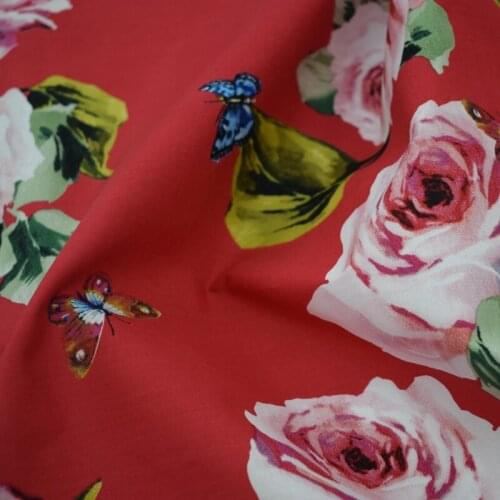 2018 reactive dyeing red bottom roses butterflies baby cotton fabric for summer dress telas por metros tissu au metre vestidos