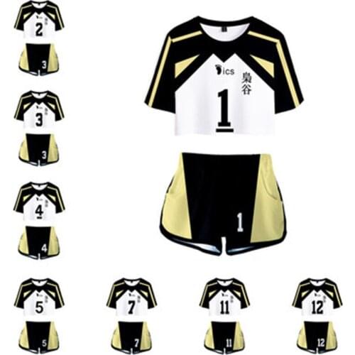 Haikyuu Anime Exposed Navel T Shirt Cosplay Womens Two Piece Sets Popular Loose Short Sleeves Shorts Girls College Summer Suits