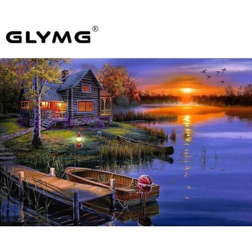GLymg Handicraft DIY Diamond Painting Cross Stitch Sunset Landscape Lake House Diamond Embroidery Home Full Drill Home Decor