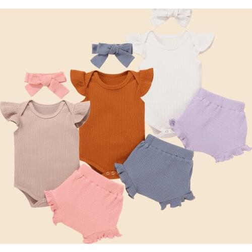 Summer Patchwork Baby Clothes for Girls 3Pcs Infant Girl Outfits Set Short Sleeve Ruffle Romper + Shorts + Headband Clothes