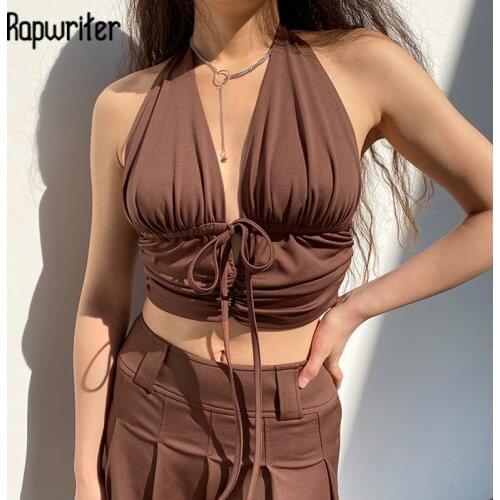 Brown Plaid Y2k Crop Tank Tops Side Drawstring Halter Vest For Women Sexy Backless Fashion 2021Summer Slim V Neck Outfits Female