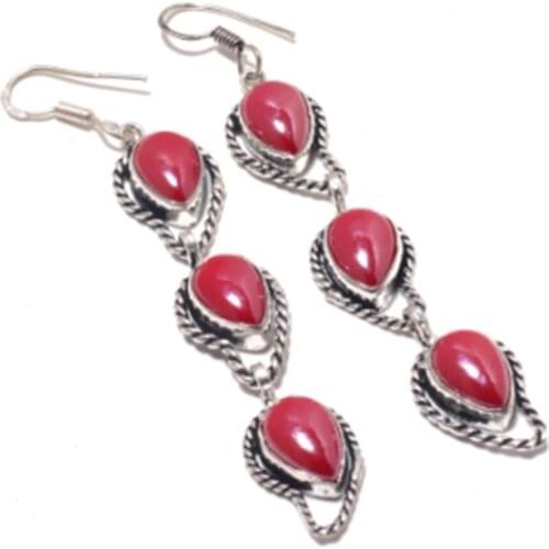 Red Corals ,Silver Overlay on Copper Earrings ,84 mm , E3959