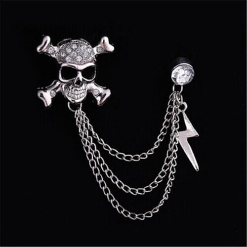 Fashion Skull and lightning Chain Crystal Brooch For Women Men Classic Rhinestone pirate Pin Badge Jewelry Party Gifts