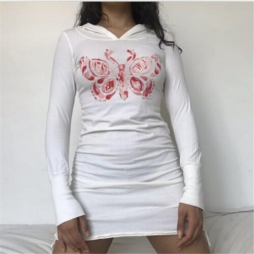 Fashion Sweater Dress 2021 Y2k Butterfly Pattern Hoodies Dress White Long Sleeve Bodycon Skinny Mini Dress Hooded