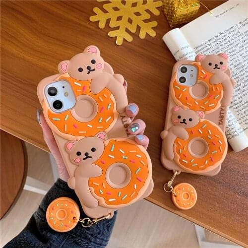Cartoon Donuts Bear Soft Silicone Phone Case for iPhone 12 Pro Max 11 6 7 8 Plus X XR XS MAX Bears Pendant Lanyard Phone Cover