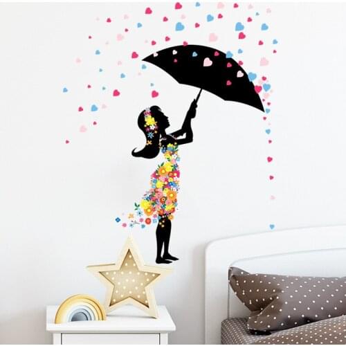 Umbrella Flowers Girl Wall stickers for kids girls room bedroom Home Decoration Wallpaper Beautiful Art Decals Creative sticker