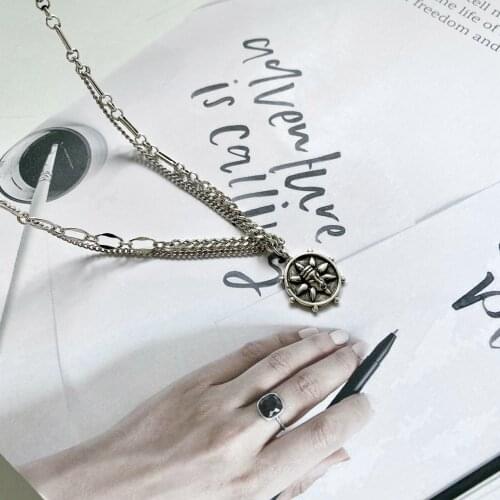 925 Thai Silver Necklace Retro Personality Make Old Face Punk Pendant Wild Simple Gothic Style Sweater Chain