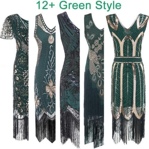 1920s Gatsby Sequin Fringed Paisley Flapper Dress with 20s Accessories Set Plus Size (Green)