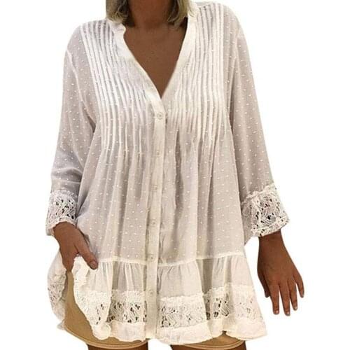 Casual Women Autumn Lace Stitching Pleated Buttons Loose Plus Size Shirt Blouse