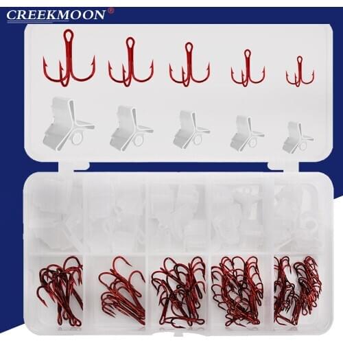 Red Fishing Hooks Set 2# 4# 6# 8# 1/0# High Carbon Treble Hooks Fishing Tackle Round Bend Treble for Bass with Hooks Protectors